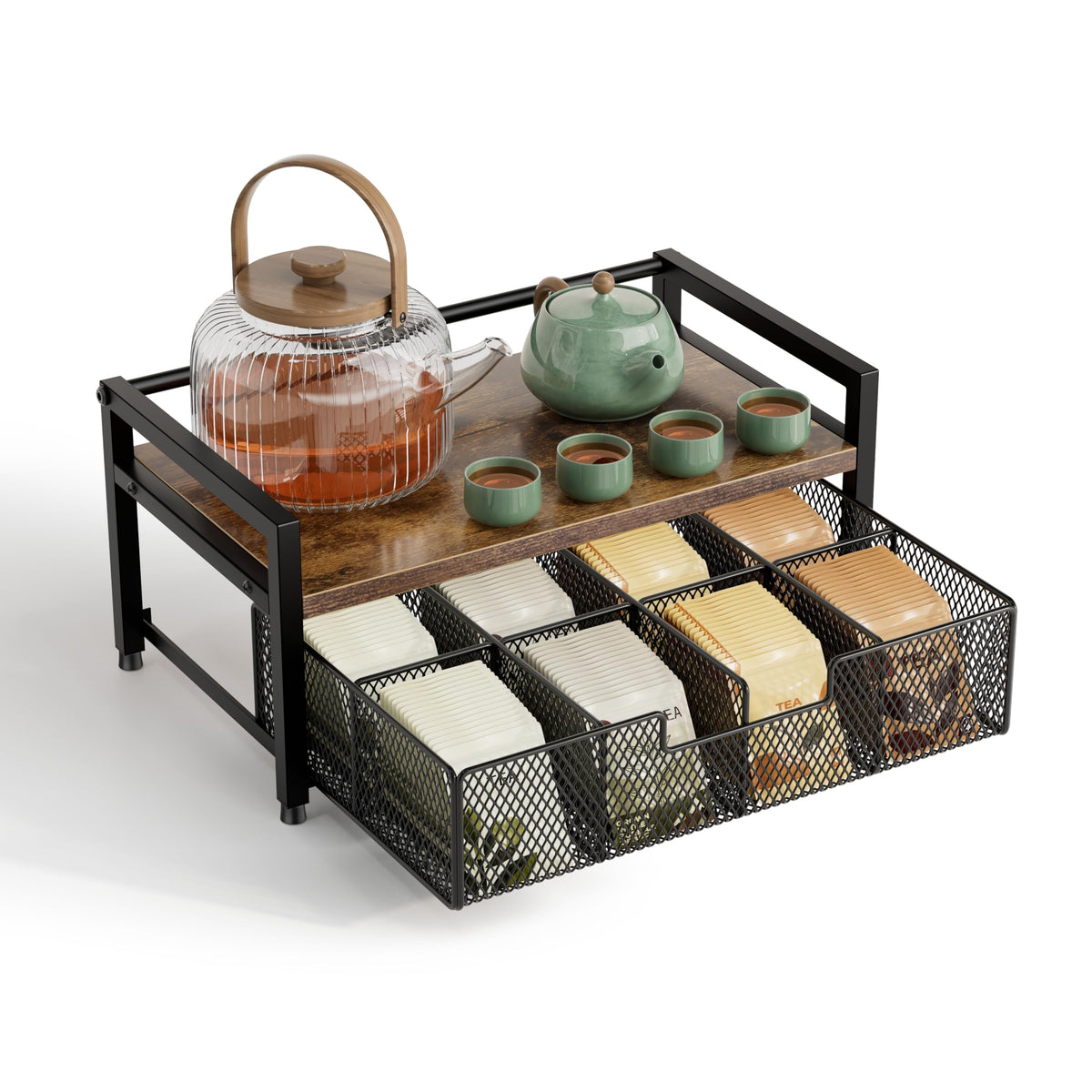 Segtenant Tea Bag Organizer, Tea Bag Holder with Drawer, Wood and Metal Tea Organizers and Storage Chest for Countertop