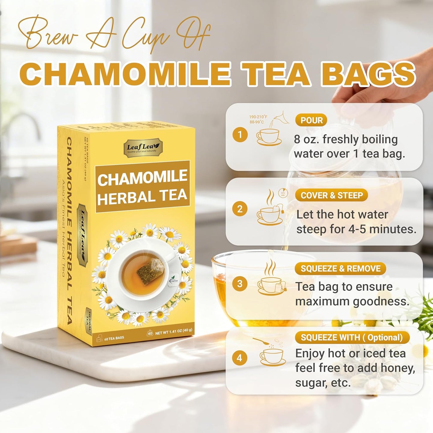 LeafLea 80 Chamomile Tea Bags, From Chamomile Flowers, Smooth Floral Taste, Caffeine-Free Herbal Tea for Calm Evening Routine, Naturally Sugar-Free, Non-GMO, Individually Wrapped for Freshness
