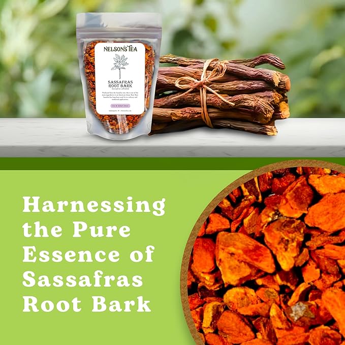 Nelson’s Tea - Sassafras Root Bark Cut & Sifted - Caffeine Free - Classic Root Beer Herbal Blend Tea, Premium Sassafras Albidum Aroma for Brewing, Mixing & Wellness, Freshly Packed Resealable Bag -1oz