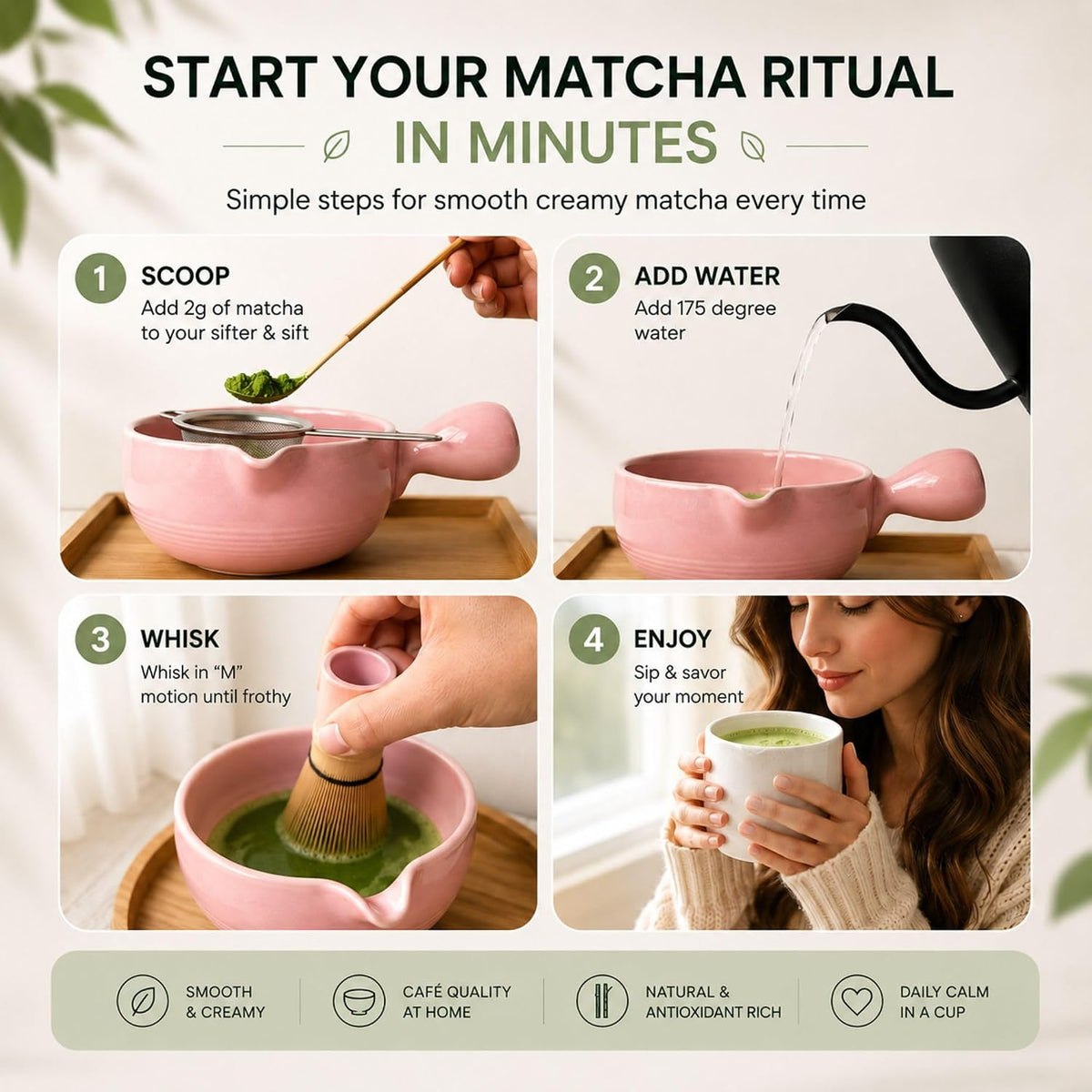 HAPPY PATH &amp; CO Patented Matcha Bowl Set with Handle &amp; Spout - Spill-Free Pouring | Complete Matcha Set for Beginners | Includes Bamboo Whisk, Scoop &amp; Stand (Pink Blossom - Soft Pink)