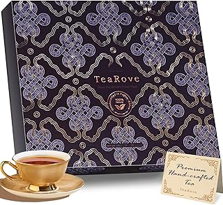 TeaRove Fancy Tea Gift Set with Gold-Foil Presentation Box, 24 Assorted Variety Pyramid Infuser Bags, 6 Flavors Handcrafted Black, Oolong, Jasmine Green, Herbal Chinese Tea Sampler Gift Set Box for Tea Lovers