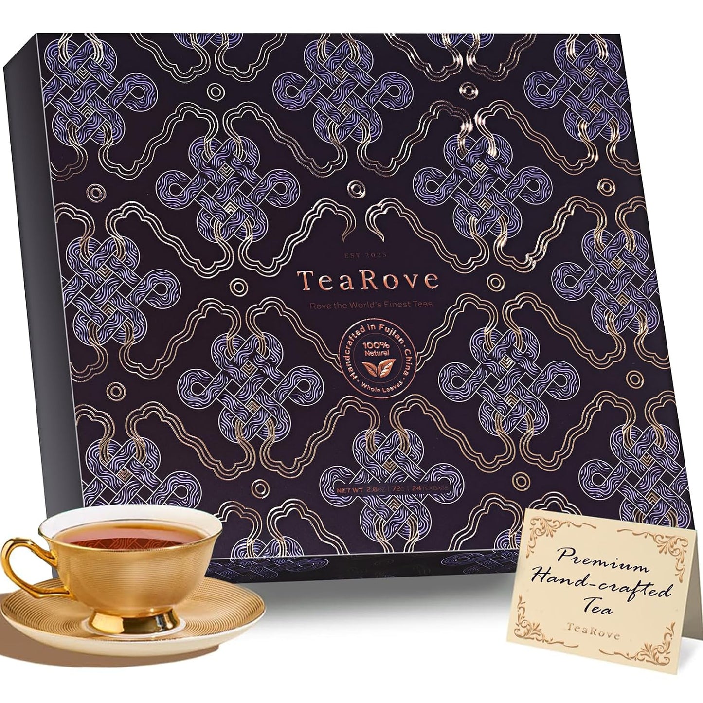 TeaRove Fancy Tea Gift Set with Gold-Foil Presentation Box, 24 Assorted Variety Pyramid Infuser Bags, 6 Flavors Handcrafted Black, Oolong