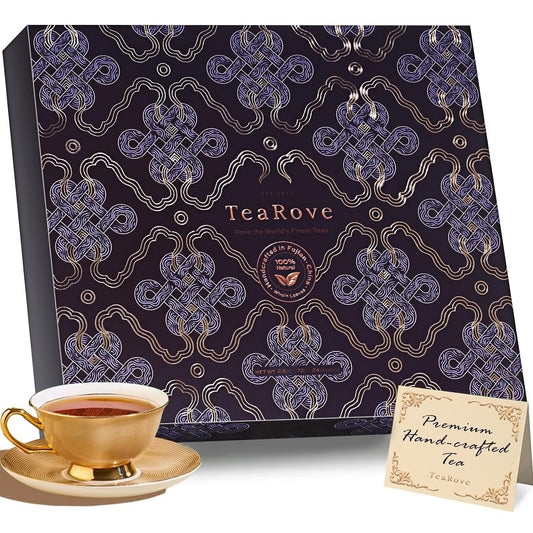 TeaRove Fancy Tea Gift Set with Gold-Foil Presentation Box, 24 Assorted Variety Pyramid Infuser Bags, 6 Flavors Handcrafted Black, Oolong