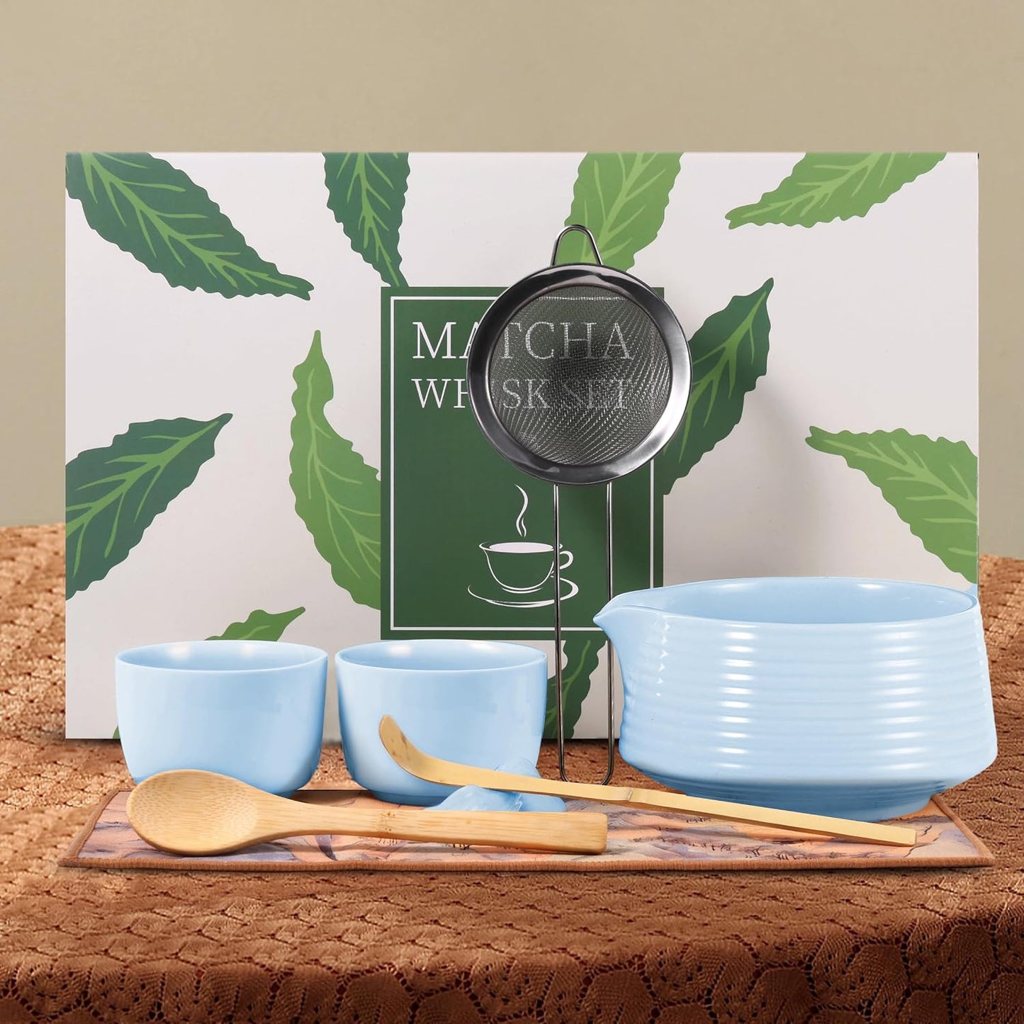 HELPLX Matcha Whisk Set, 10-Piece Japanese Matcha Kit with Bowl, Whisk &amp; Holder, 2 Tea Cups, Bamboo Scoop, Spoon, Sifter, Scoop Rest &amp; Tea Towel – Blue Matcha Tea Set for Ceremony or Daily Use