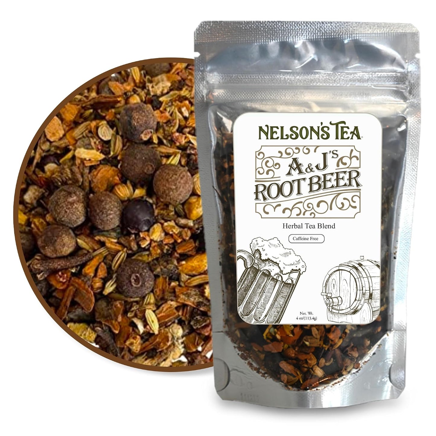 Nelson's Tea A &amp; J's Root Beer Sarsaparilla Loose Leaf Tea, 4 oz | Harmonious Ingredients like Sarsaparilla Burdock Root Birch Bark • Organic • Tea • Loose Leaf Tea • Root Beer • AandJ's Root