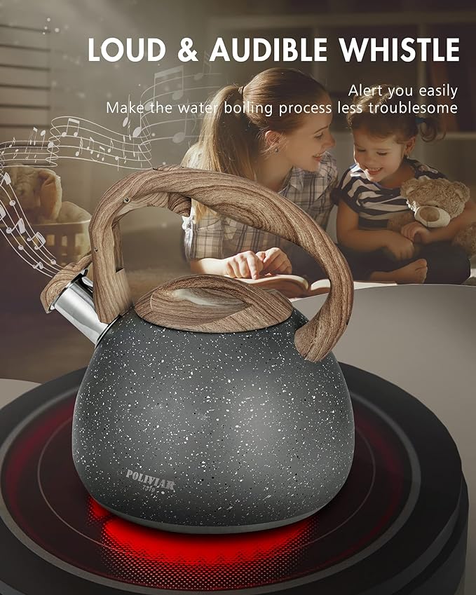 Poliviar Tea Kettle, 2.7 Quart Natural Stone Finish with Wood Pattern Handle Loud Whistle Food Grade Stainless Steel Teapot