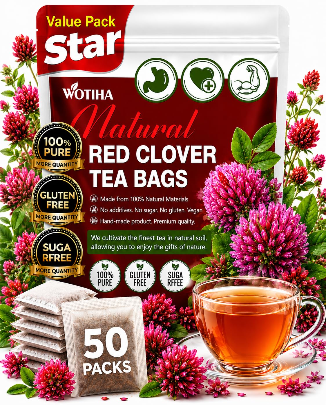 WOTIHA Premium Red Clover Tea Bags, 50 Count – 100% Natural Red Clover Herb, Rich in Antioxidants, Additive-Free