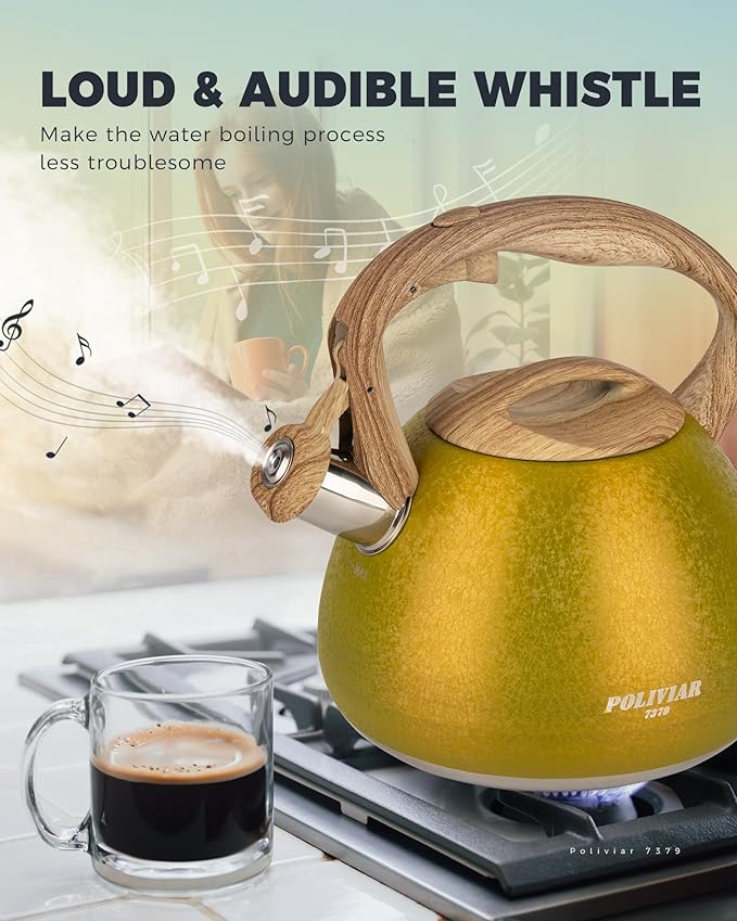 Poliviar Tea Kettle, 2.7 Quart Stovetop Tea Kettle, Audible Whistling Teapot with Crackle Finish, Food Grade Stainless Steel for Anti-Rust