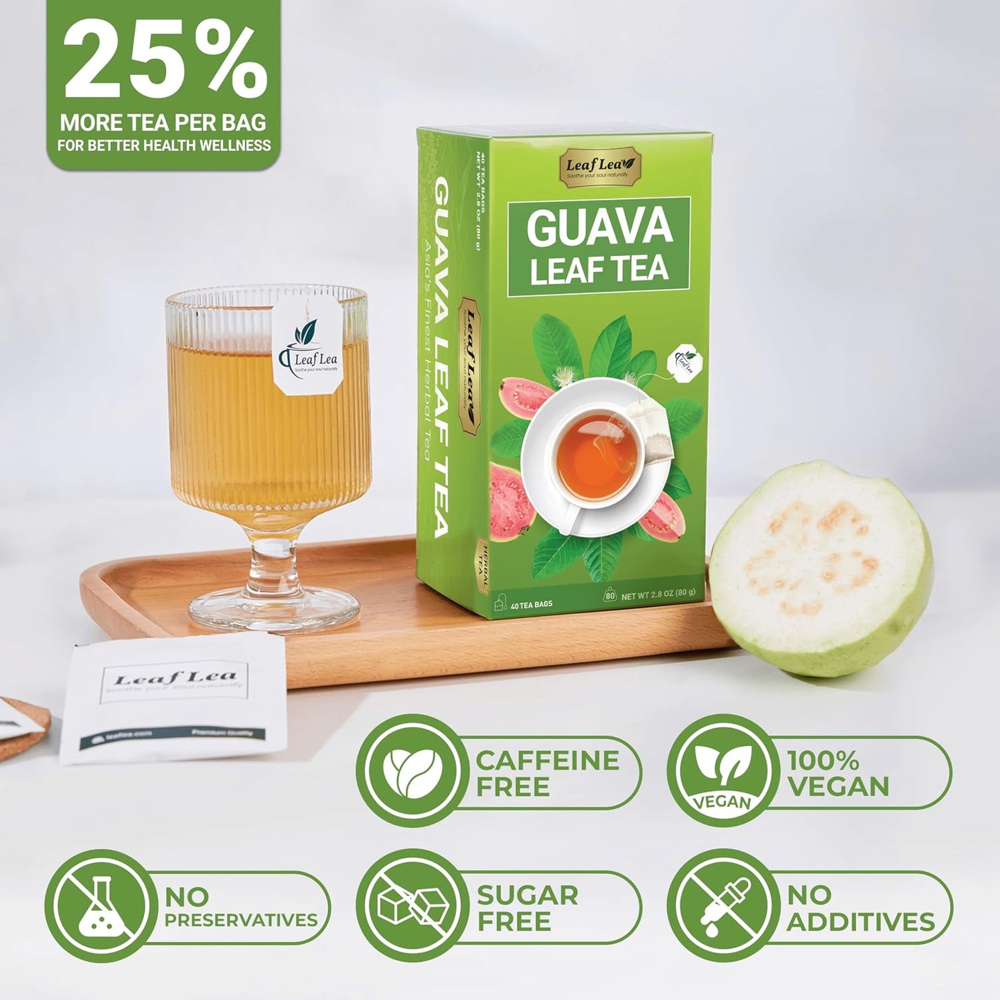 LeafLea Guava Leaf Tea Bags, Hojas De Guayaba, Caffeine-Free, 40 Count