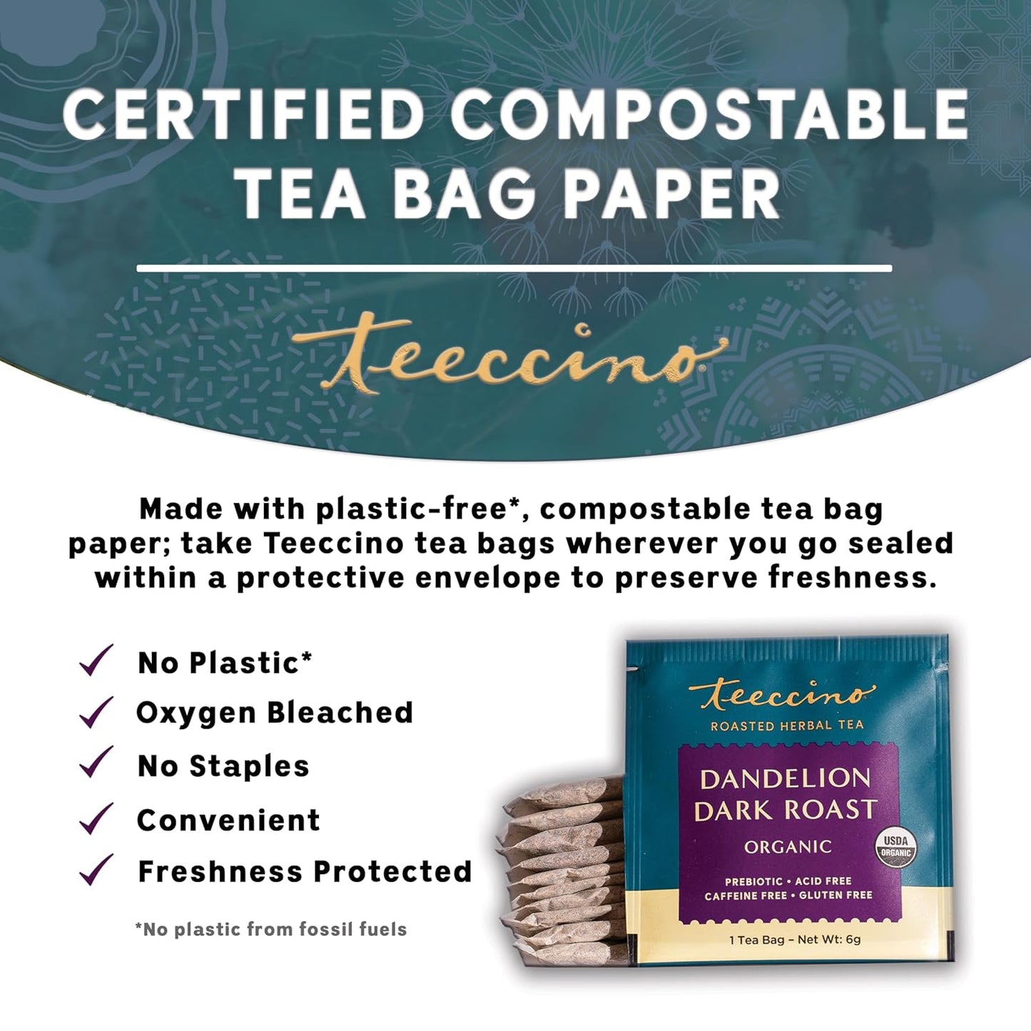 Teeccino, Tea Herbal Dandelion Dark Roast Organic, 10 Count