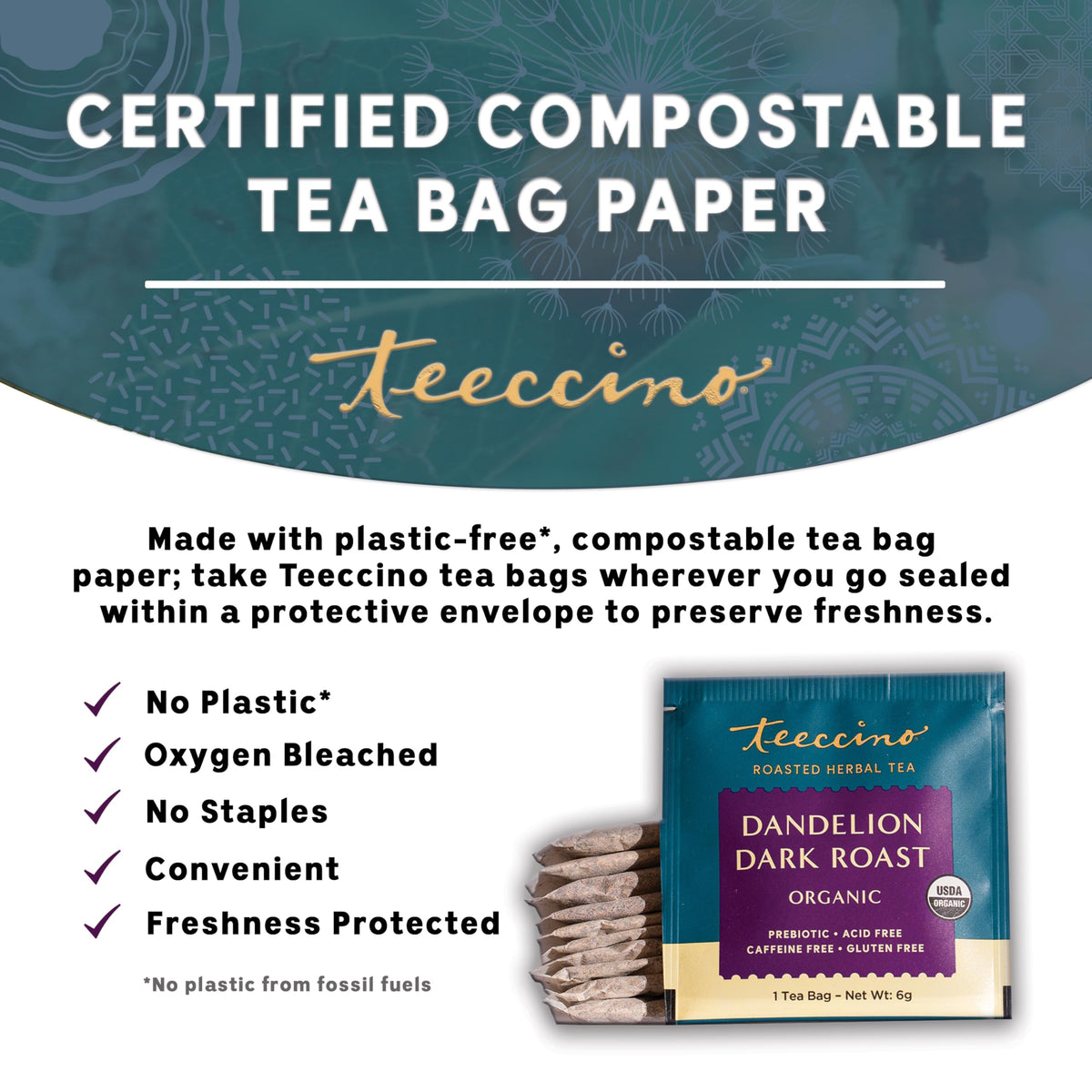Teeccino Org Dandelion Dark Roast Tea – Caffeine Free Prebiotic 10 Tea Bags