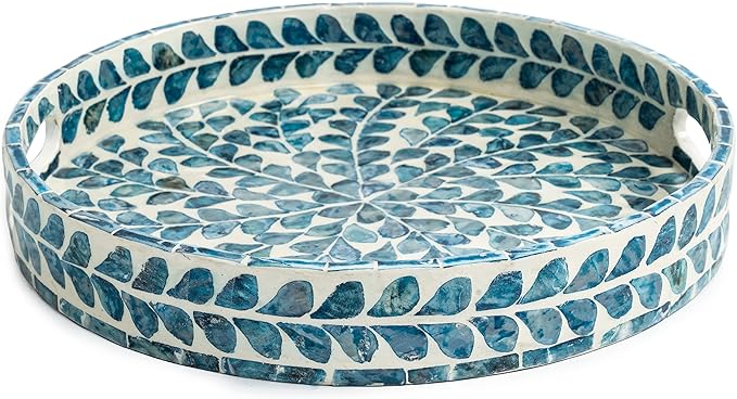 Claynix Serving Tray 12.5 Inch, Lacquer Mother of Pearl Inlay Mosaic Tray, Round Wooden Marble Tray with Handles Trays for Tea, Breakfast (Leaf Style)