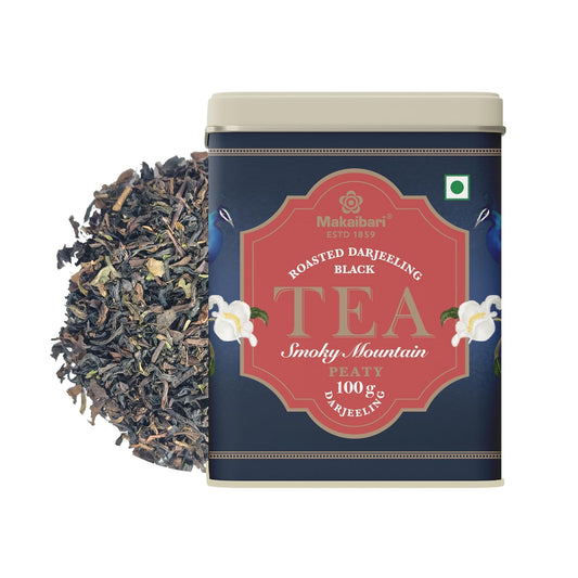 Makaibari Tea Treasures- Smoky Mountain, Organic Roasted Darjeeling Loose Leaf Black Tea Tin Caddy, 100 Grams