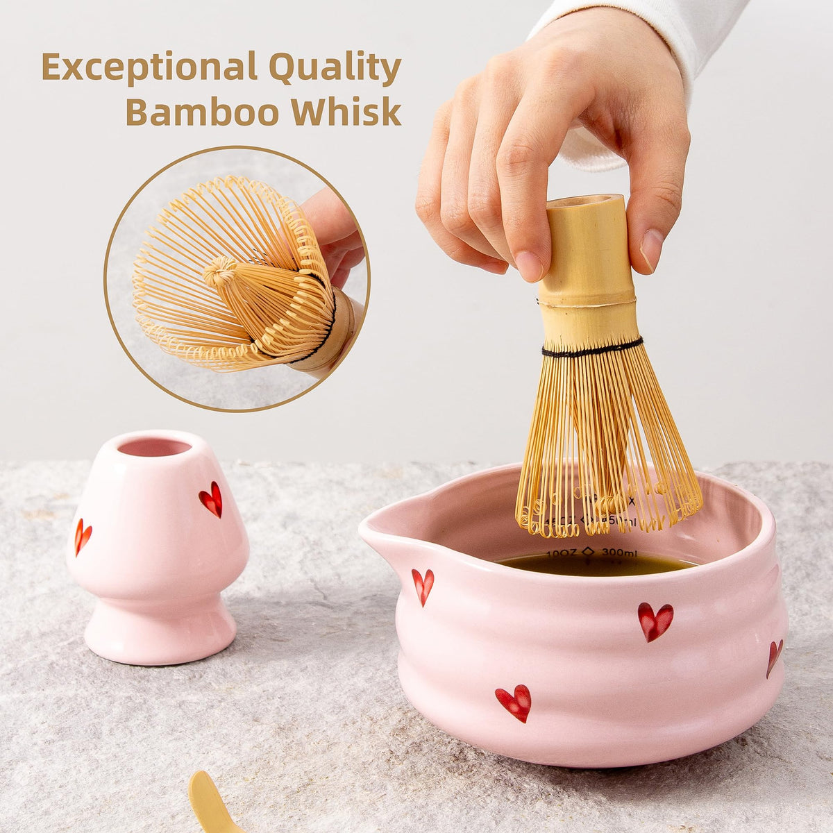 YumiPLUS 5pcs Matcha Set with Bamboo Whisk, Pink Love