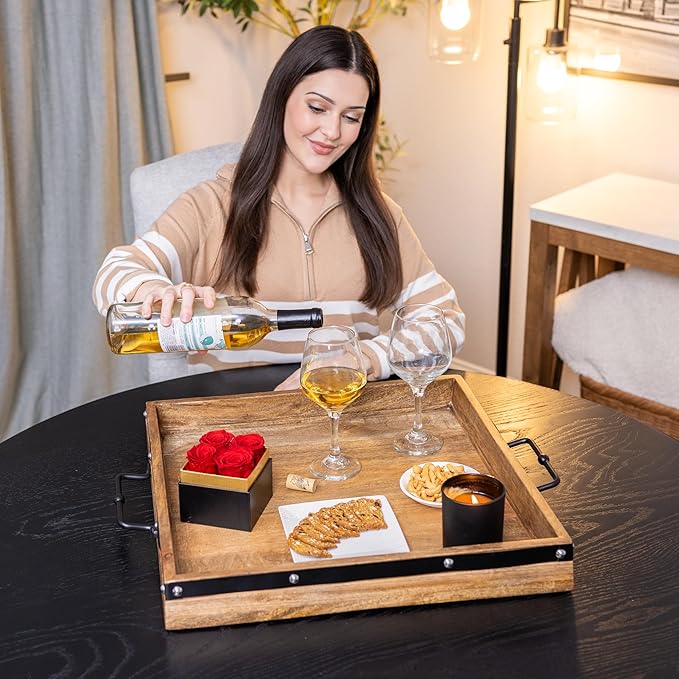 20"x20" Extra Large Square Ottoman Tray, Heavy Duty Mango Wood, for Serving Tea, Breakfast in Bed