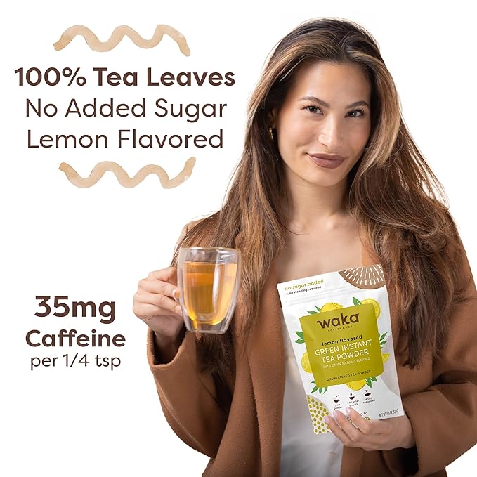 Waka Instant Green Tea Mix, Lemon Flavored - 100% Tea Leaves, No Additives, Unsweetened Tea Powder in Bulk Pouch – Easy Quick Hot and Iced Teas, Up to 200 Cups (4.5oz)
