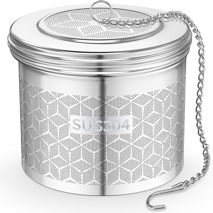 Large Tea Infuser & Strainer, Spice Infuser - Extra Fine Mesh for Loose Leaf Tea, 304 Stainless Steel with Long Chain & Threaded Lid