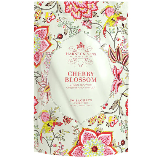 Harney &amp; Sons Cherry Blossom Green Tea Sachets, 50 Count | Green tea with cherry and vanilla flavors. 50 premium sachets. Contains caffeine.