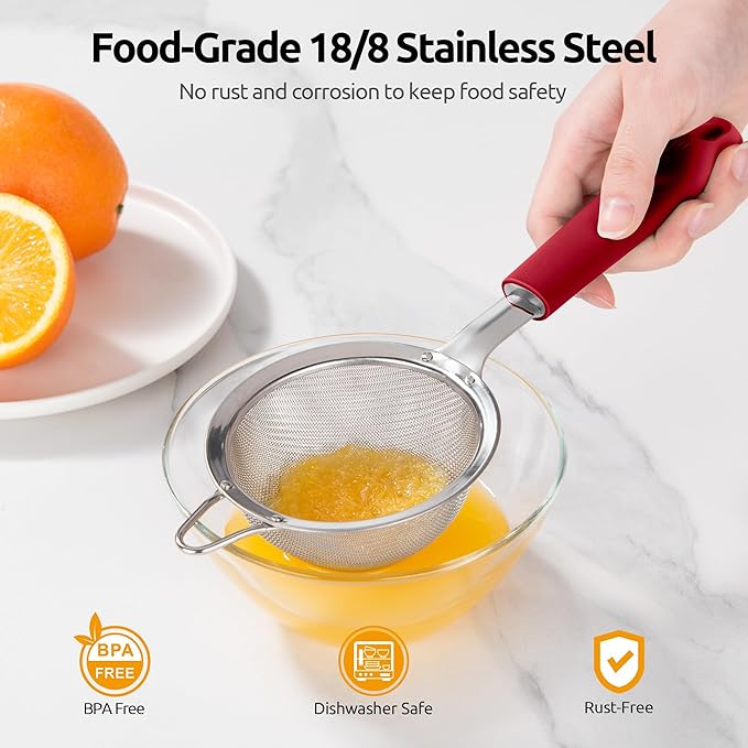 U-Taste Small Fine Mesh Strainer: 18/8 Stainless Steel 3.35in 30 Mesh Kitchen Food Sieve with Sturdy Riveted Silicone Handle, Heavy Duty Deep Handheld Metal Colander for Tea, Juice (Red)
