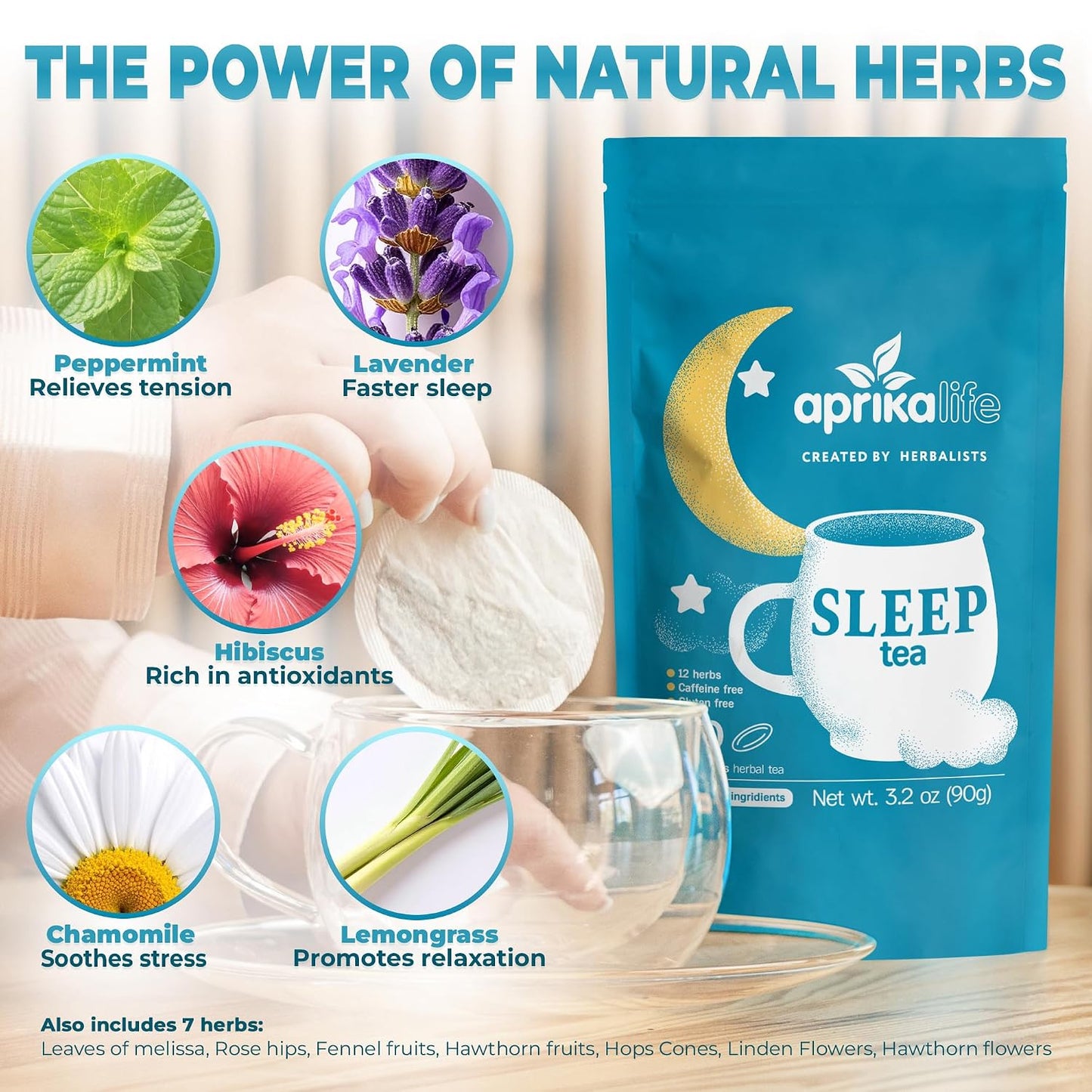 Aprika Life Sleep Tea for Bedtime Relaxation &amp; Stress Relief – Natural Caffeine-Free Herbal Nighttime Tea with Chamomile, Lavender, Mint &amp; Hibiscus – No Melatonin Sleep Aid – Relaxing Tea Bags 60 Pack