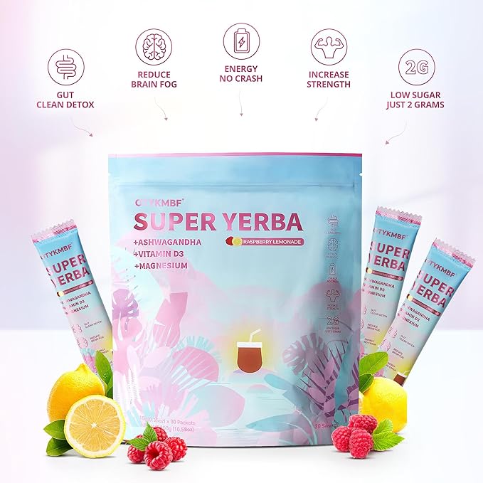 OTYKMBF Super Yerba Instant Powder Packets, Mate Tea with Raspberry Lemonade Flavor, 30 Servings Yerba Mate for Calm Energy, Focus Boost and Gut Health