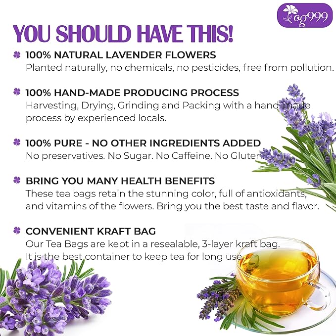 120 Lavender Flower Tea Bags, 100% Natural & Pure. Loose Flower Lavender Herbal Tea. No Sugar, No Caffeine, No Gluten, Vegan.
