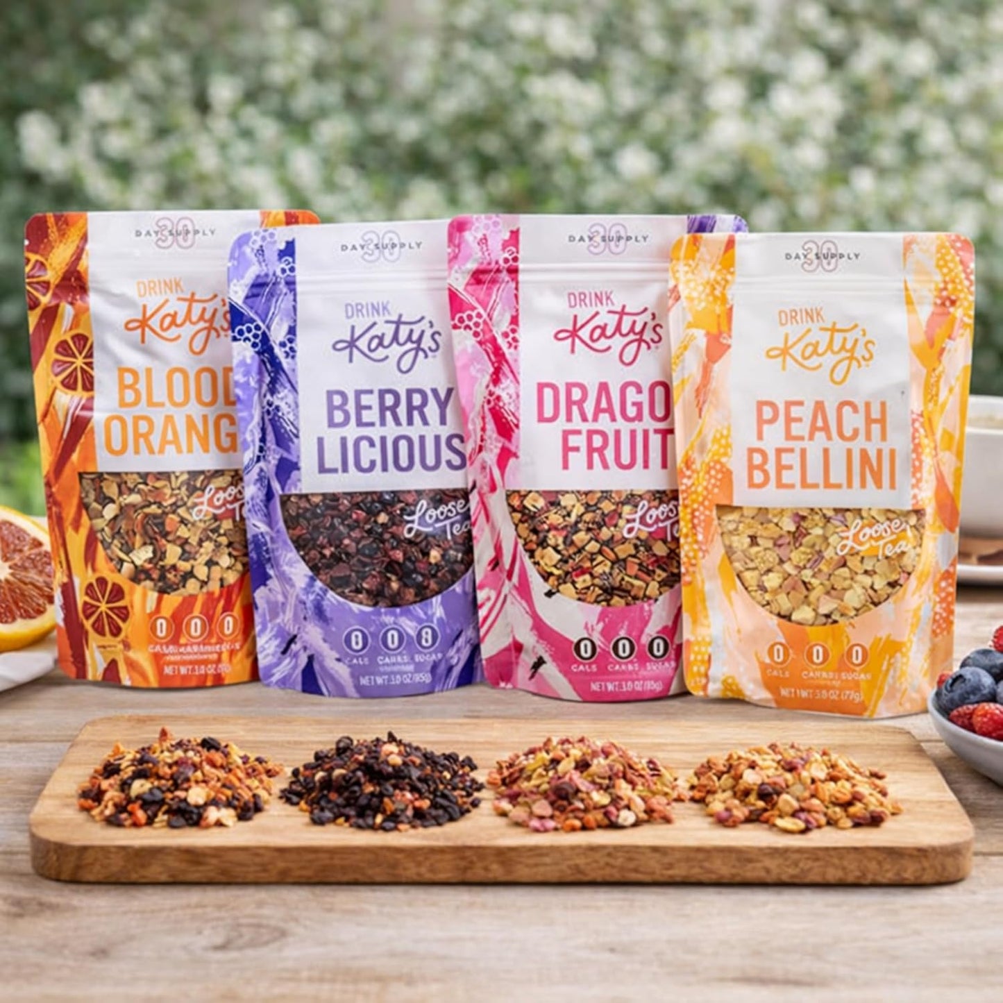 Katy’s Loose Leaf Tea Flavor Sampler - Fruit Herbal Tea Variety Pack - Berry, Peach, Blood Orange & Dragonfruit - Caffeine-Free, Full Leaf Tea - Cold Brew or Hot - 120+ Cups