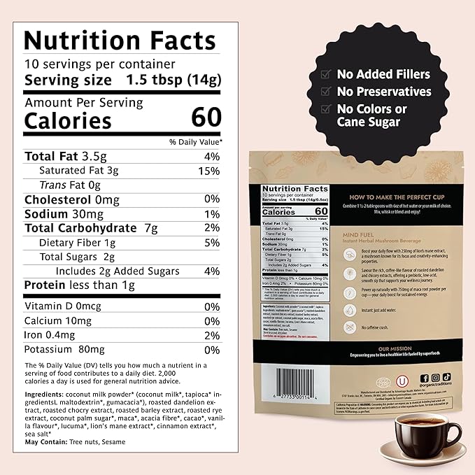 Organic Traditions Mind Fuel Instant Mushroom Coffee Alternative – Caffeine-Free Herbal Mushroom Drink - Organic Lion’s Mane, Maca, Dandelion & Chicory – Focus, Energy & Cognitive Support – 10 Servings – 140g, 5oz