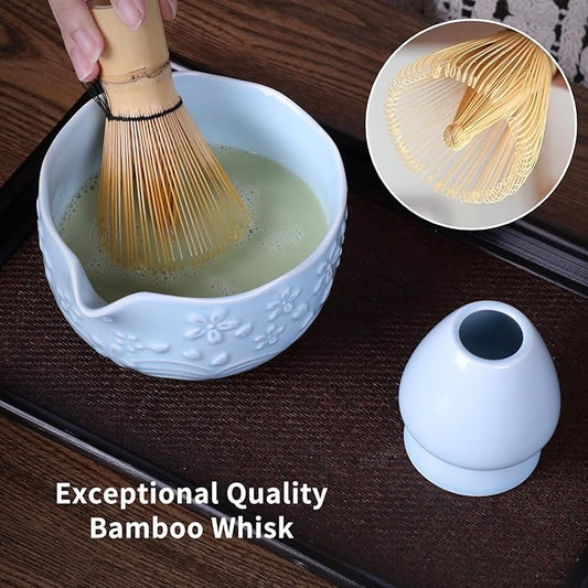 Japanese Matcha Whisk Set - Matcha Making Kit with Ceramic Bowl Bamboo Whisk (Chasen) Sifter & Holder Blue