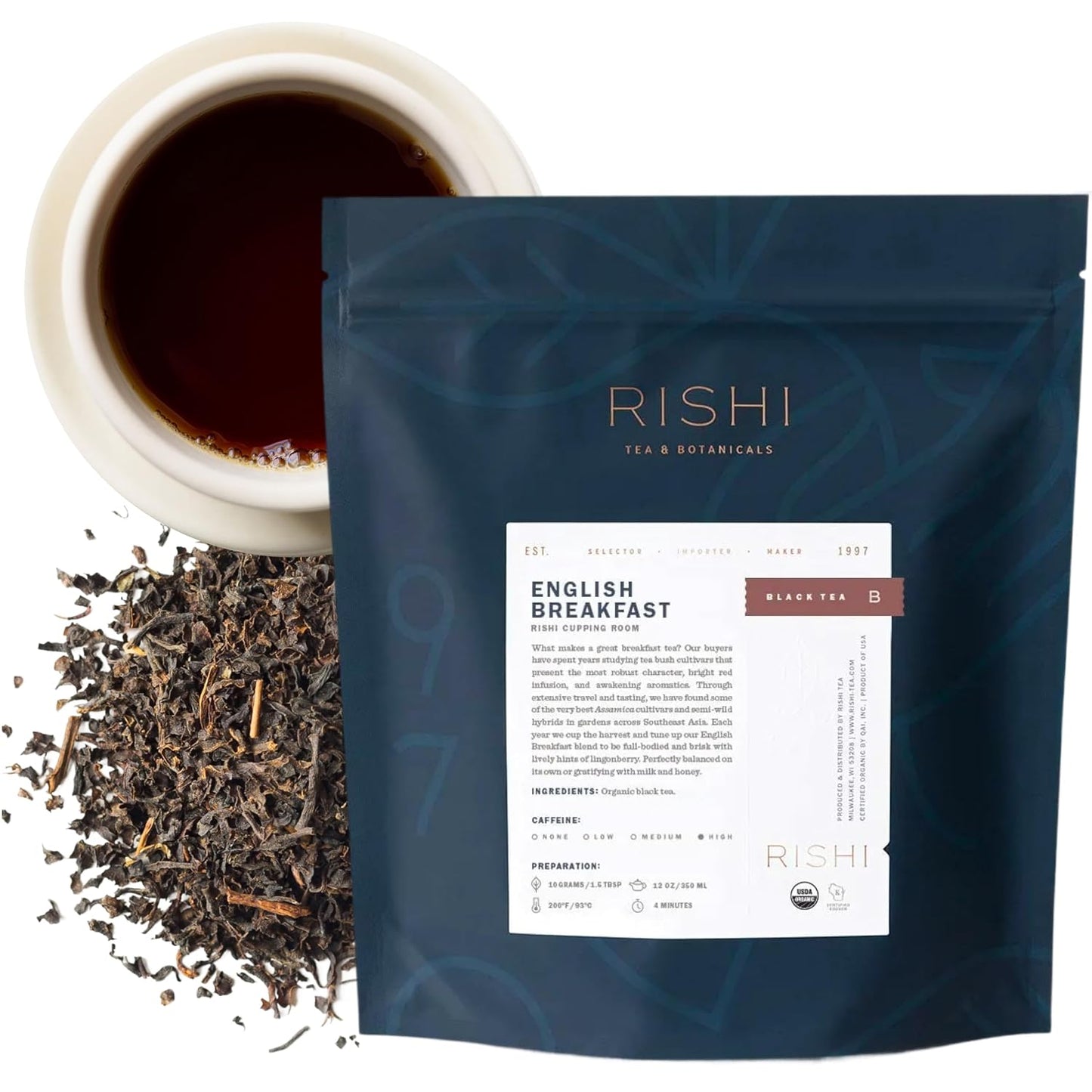 Rishi Tea English Breakfast Organic Black Loose Leaf Tea, Caffeinated, 1lb | Energizing and Strong Pure Black Tea, Enjoy Hot or Iced, Sustainable, 45+ Servings
