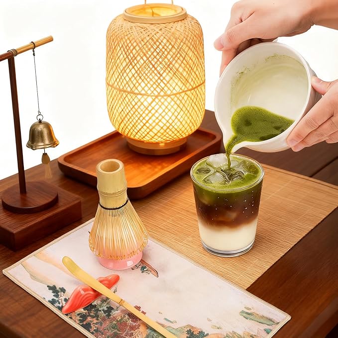 8 Pack Matcha Whisk Set, Japanese Matcha Tea Set, Ceramic Mixing Bowl with Spout, Bamboo Measuring Spoon and Scoop Stand, Towel, Whisk Holder