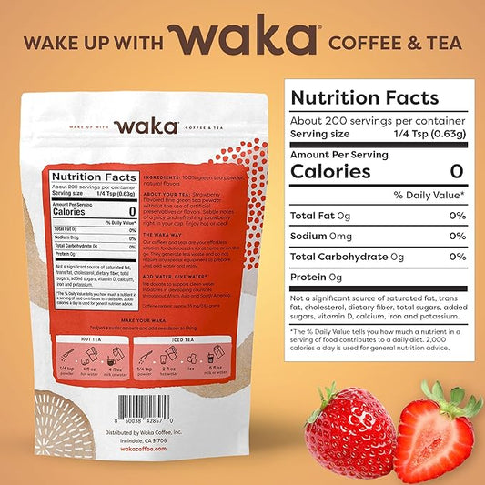 Waka Instant Green Tea Mix, Strawberry Flavored - 100% Tea Leaves, No Additives, Unsweetened Tea Powder in Bulk Pouch – Easy Quick Hot and Iced Teas, Up to 200 Cups (4.5oz)