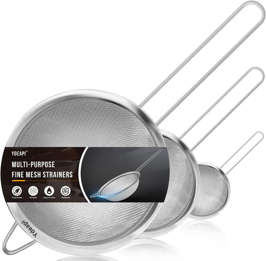 Ydeapi Fine Mesh Strainer, Stainless Steel Strainers with Sturdy Handle, Set of 3 Metal Sieve for Kitchen Food, Rice, Quinoa, Tea - 7", 4.6", 2.7"