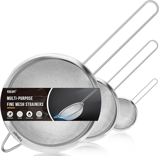 Fine Mesh Strainer, Stainless Steel Strainers with Sturdy Handle, Set of 3 Metal Sieve for Kitchen Food, Rice, Quinoa, Tea - 7", 4.6", 2.7"