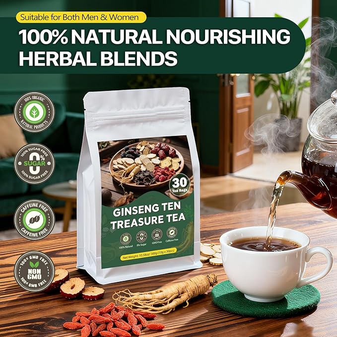 Ginseng Ten Treasures Tea Kidney Tea, Chinese Traditional Herbal Tea, Natural Kidney Cleanse Detox Teas for Women & Men, 10 Precious Ingredients Formula (2 Pack/60 Bags)