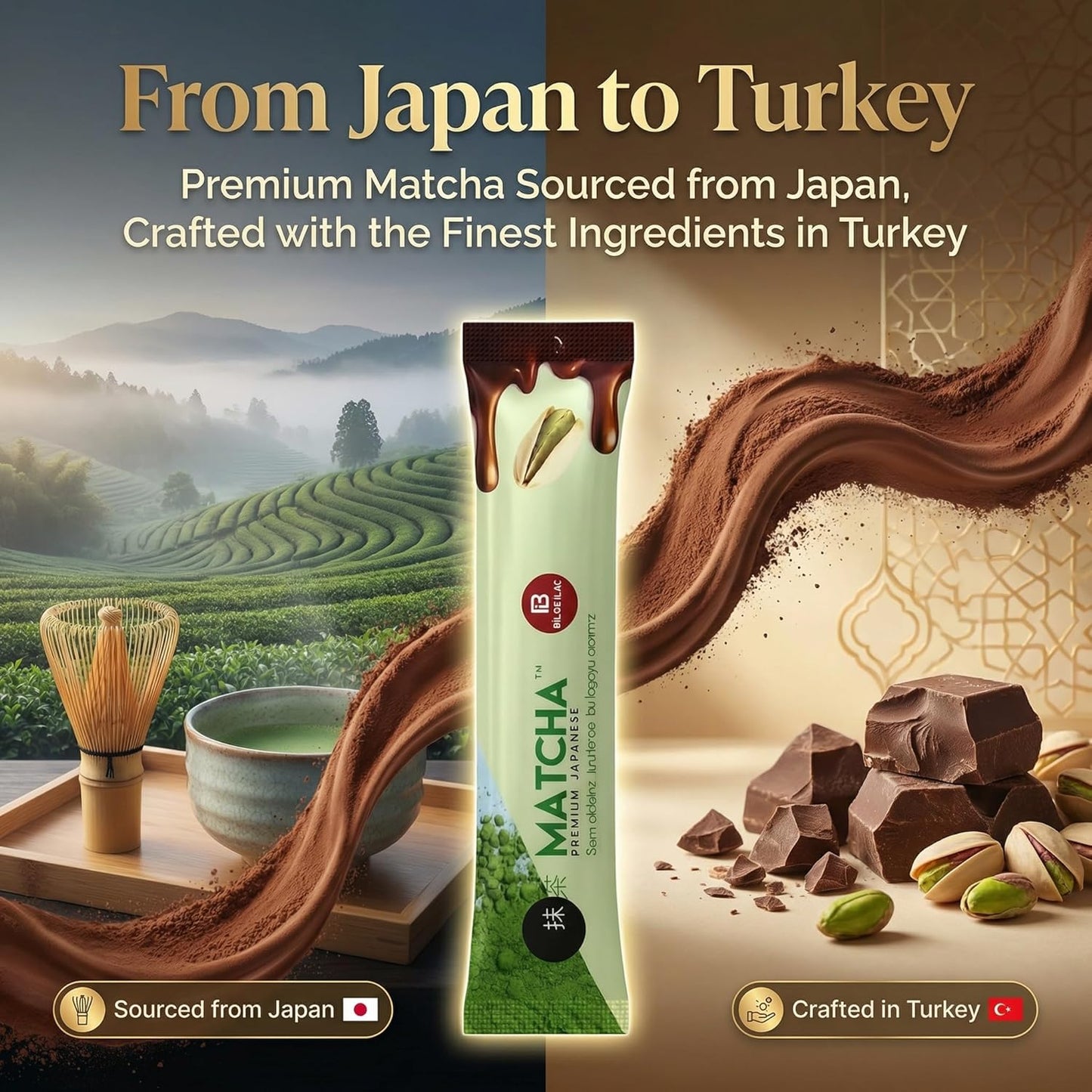 Premium Japanese Matcha Dubai Chocolate Powder - 10 Pack Matcha Green Tea with Cocoa & Pistachio - Rich, Smooth & Satisfying Taste Balanced Instant Drink Mix - 8g Single Serve Packs (Total 2.82 oz)