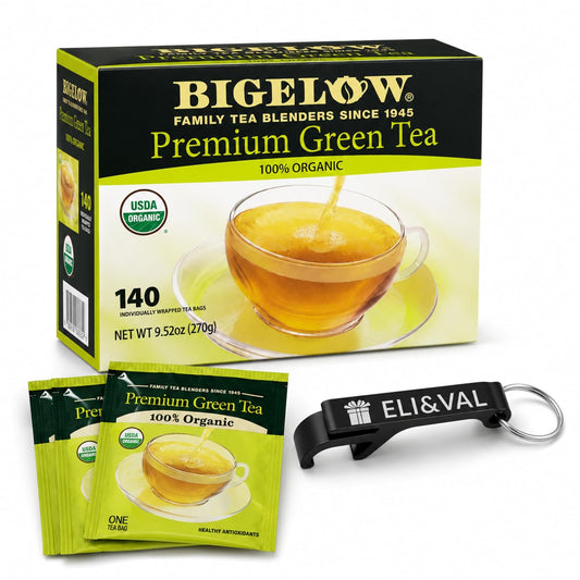 Eli&amp;Val Tea Gift Bundle: Bigelow Organic Green Tea 140 Bags &amp; Accessory