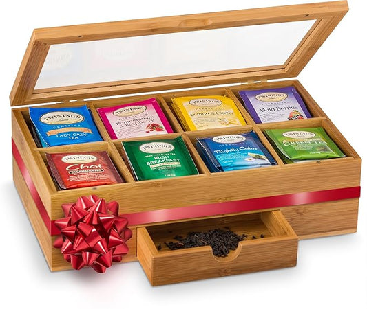 Tea Bag Organizer - Christmas Gift Bamboo Tea Box Organizer Storage Box, Tea Bag Holder with Drawer & Acrylic Window