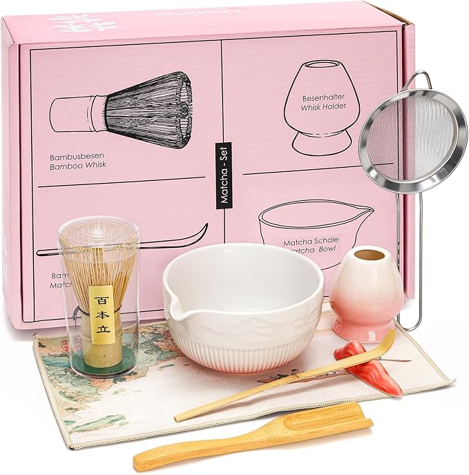 8 Pack Matcha Whisk Set, Japanese Matcha Tea Set, Ceramic Mixing Bowl with Spout, Bamboo Measuring Spoon and Scoop Stand, Towel, Whisk Holder