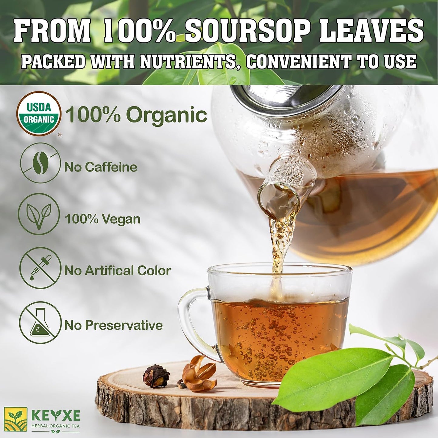 KEYXE - USDA Organic Soursop Graviola Leaves Tea 50 Bags. Non-GMO Verified , 100% Organic Soursop Leaves for Digestion, Boosting Immune, Improving Sleep &amp; Skin Health, Gluten Free, Caffein Free , Hojas De Guanabana Tea Organica, Eco-Conscious Tea Bags