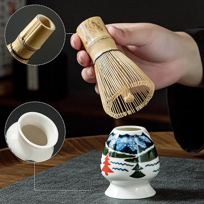 Fuji Mountain Matcha Bowl Set – 6-Pcs Hand-Painted Scenic Japanese Tea Ceremony Kit, Matcha Bowl with Spout, 2 Cups, Bamboo Whisk