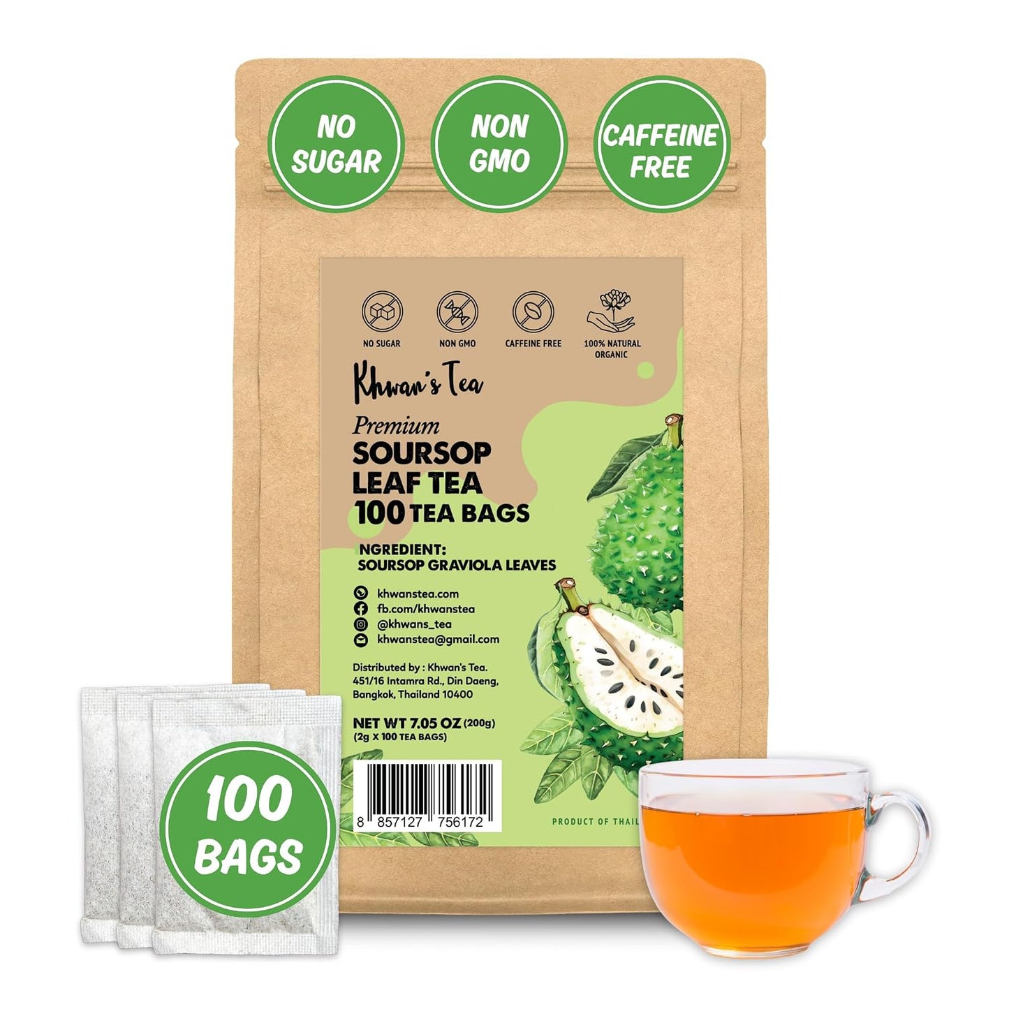 KHWAN'S TEA Soursop Tea Bags, Caffeine-Free Graviola Tea, 100 Count
