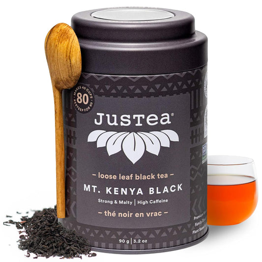 JusTea MT. Kenya Black, Loose Leaf Black Tea, Tin with Hand Carved Tea Spoon, 40+ Cups (3.2oz), High Caffeine, Award-Winning, Fair Trade, Non-GMO