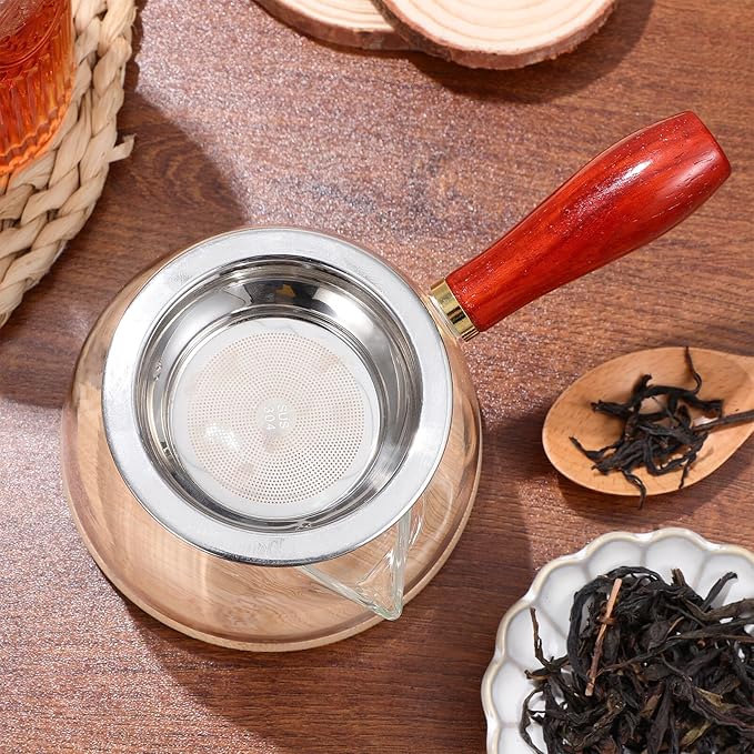 Healifty Glass Tea Pitcher with Wooden Handle and Infuser Thick Borosilicate Glass Dispenser Cup for Loose Leaf Tea Easy-pour Spout for Office Home
