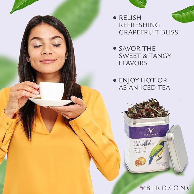 Birdsong Leafbird Grapefruit: Organic White Tea, Rich Flavourful Low Caffeinated White Peony Tea with Notes of Grapefruit and Honey, 3.4 Oz Loose-Leaf Tea with Sweet And Tangy Flavor