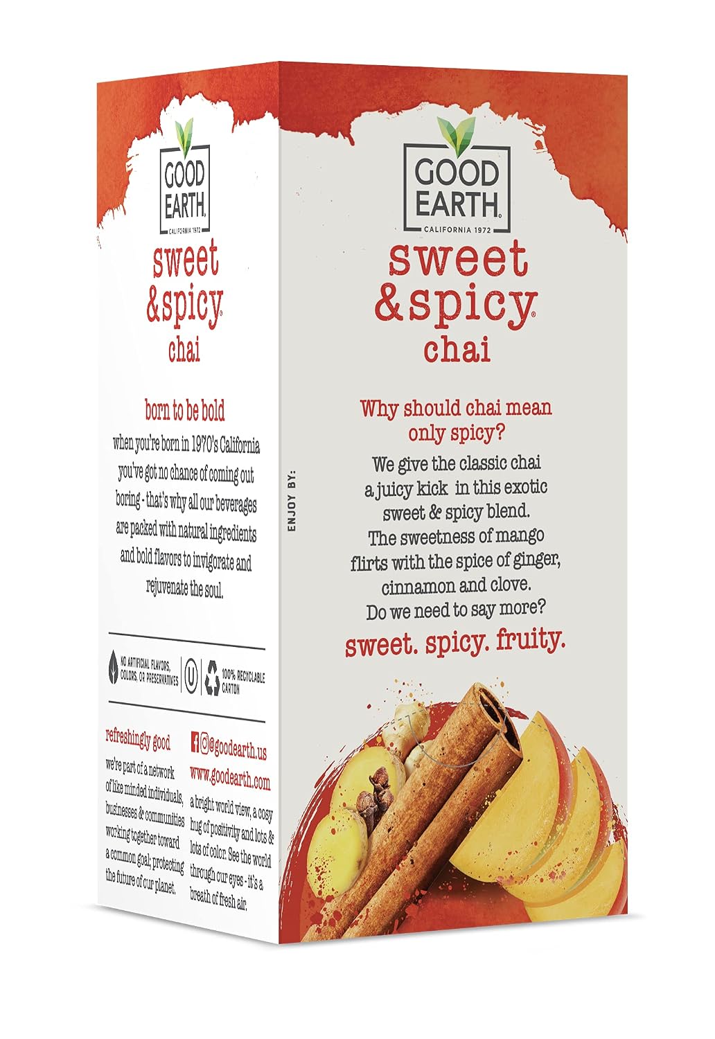 Good Earth Tea, Sweet &amp; Spicy Chai Black Tea, 18 Count, Pack of 6, Hot or Iced, Iconic Sweet &amp; Spicy with Bold Chai Spices