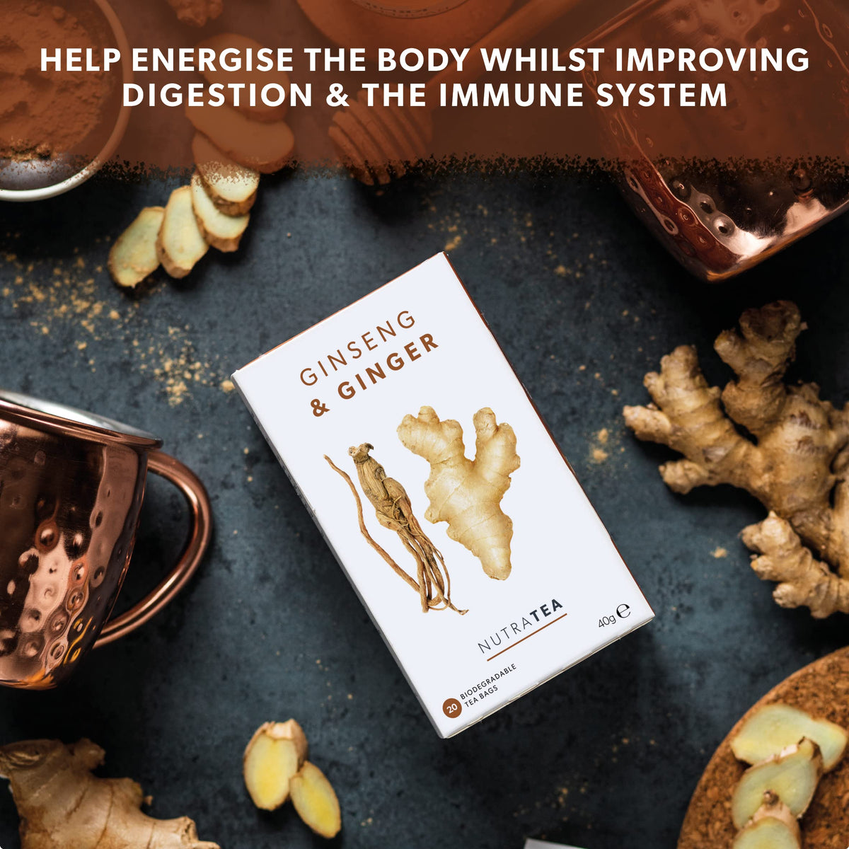 Nutra Tea Ginger & Ginseng Tea | Ginger Tea - 50% Ginger & 50% Ginseng Herbal Infusion - Caffeine Free, Natural Herbal Blend