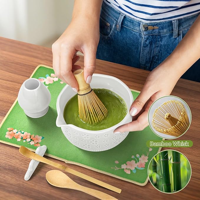 Matcha Whisk Set, 7 Pcs Matcha Making Kit with Matcha Bowl, Matcha Whisk and Holder, Bamboo Scoop, Scoop Rest, Sifter and Tea Towel，Gifts for Christmas Birthday