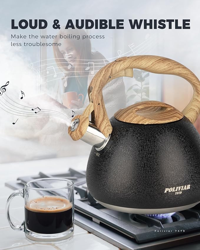 Poliviar Tea Kettle, 2.7 Quart Stovetop Tea Kettle, Audible Whistling Teapot with Crackle Finish, Food Grade Stainless Steel for Anti-Rust