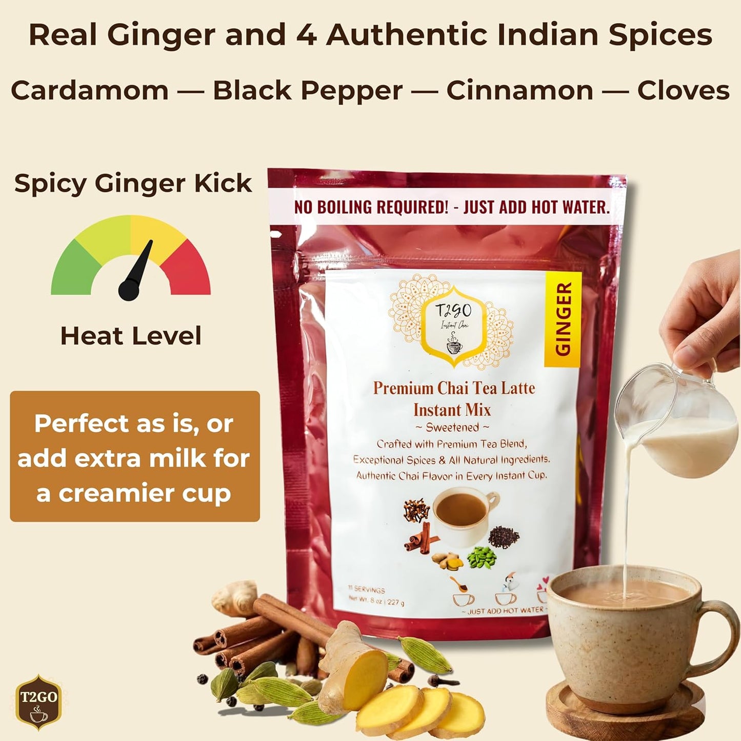T2GO Instant Ginger Chai Latte Powder – Authentic Indian Chai Tea Mix | Low Sugar | Instant Chai Latte